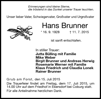 Traueranzeige von Hans Brunner von Neue Presse Coburg