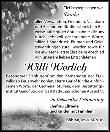 Traueranzeige von Willi Werlich von Südthüringer Presse