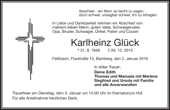 Traueranzeige von Karlheinz Glück von Frankenpost
