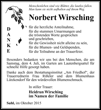 Traueranzeige von Norbert Wirsching von Südthüringer Presse