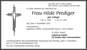 Traueranzeige von Hilde Prediger von Frankenpost