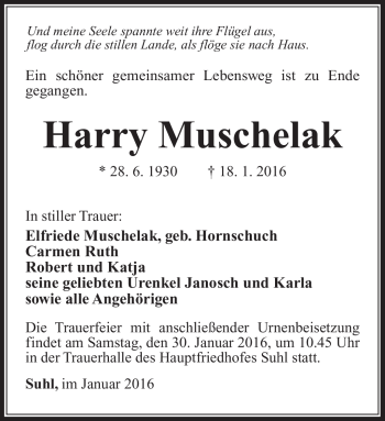 Traueranzeige von Harry Muschelak von Südthüringer Presse