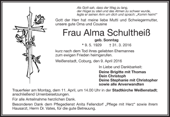 Traueranzeige von Alma Schultheiß von Frankenpost