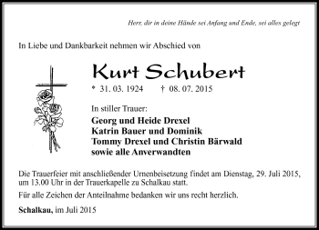 Traueranzeige von Kurt Schubert von Südthüringer Presse