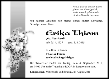 Traueranzeige von Erika Thiem von Südthüringer Presse