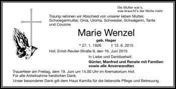 Traueranzeige von Marie Wenzel von Frankenpost