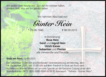 Traueranzeige von Günter Hein von Neue Presse Coburg