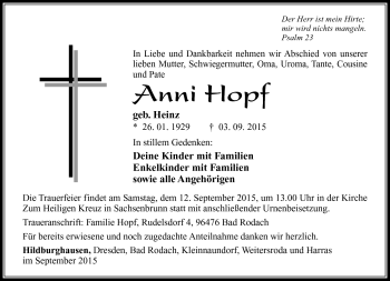 Traueranzeige von Anni Hopf von Südthüringer Presse
