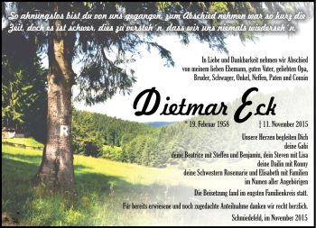 Traueranzeige von Dietmar Eck von Südthüringer Presse