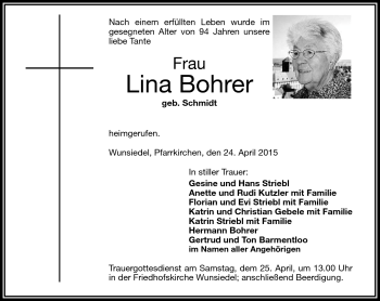 Traueranzeige von Lina Bohrer von Frankenpost