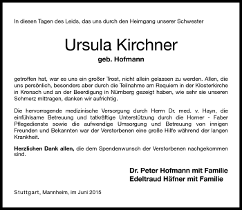 Traueranzeige von Ursula Kirchner von Neue Presse Coburg