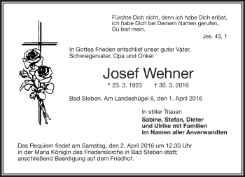 Traueranzeige von Josef Wehner von Frankenpost