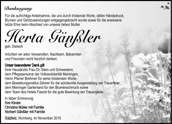Traueranzeige von Herta Gänßler von Südthüringer Presse