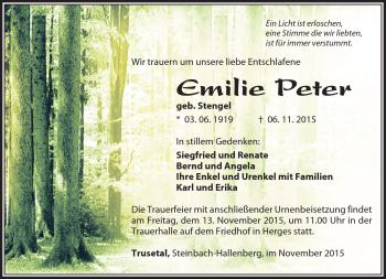 Traueranzeige von Emilie Peter von Südthüringer Presse
