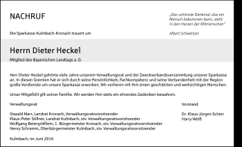 Traueranzeige von Dieter Heckel von Frankenpost