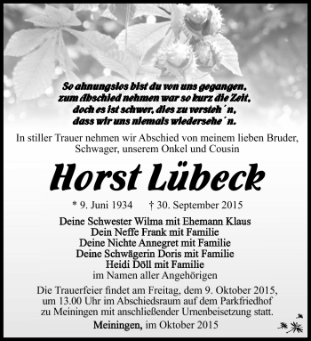 Traueranzeige von Horst Lübeck von Südthüringer Presse