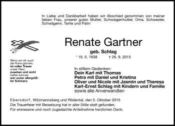 Traueranzeige von Renate Gartner von Neue Presse Coburg