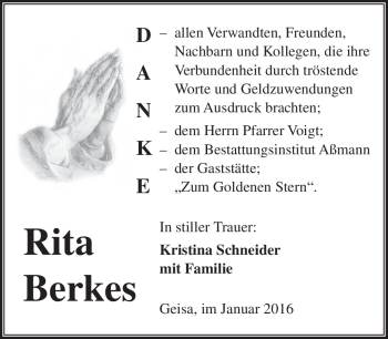 Traueranzeige von Rita Berkes von Südthüringer Presse