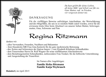 Traueranzeige von Regina Ritzmann von Südthüringer Presse