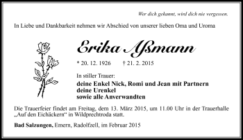 Traueranzeige von Erika Aßmann von Südthüringer Presse