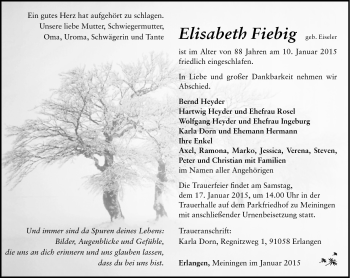 Traueranzeige von Elisabeth Fiebig von Südthüringer Presse