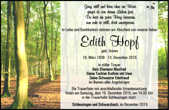 Traueranzeige von Edith Hopf von Südthüringer Presse