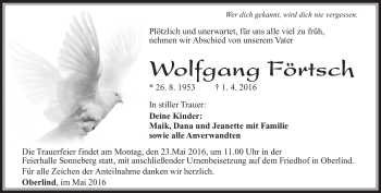 Traueranzeige von Wolfgang Förtsch von Südthüringer Presse