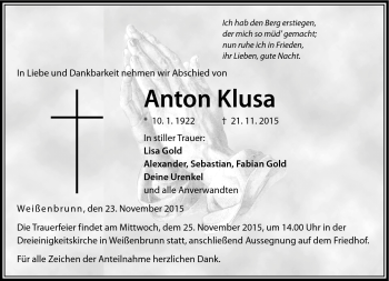 Traueranzeige von Anton Klusa von Neue Presse Coburg