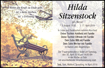 Traueranzeige von Hilda Sitzenstock von Südthüringer Presse