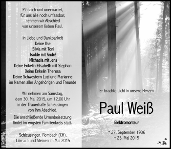Traueranzeige von Paul Weiß von Südthüringer Presse