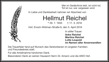 Traueranzeige von Hellmut Reichel von Frankenpost