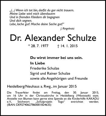 Traueranzeige von Alexander Schulze von Südthüringer Presse