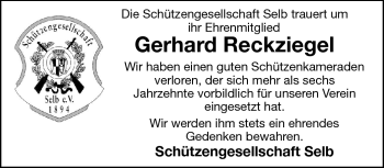 Traueranzeige von Gerhard Reckziegel von Frankenpost