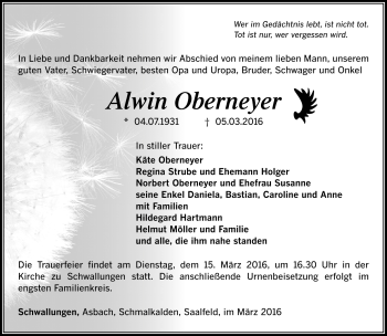 Traueranzeige von Alwin Oberneyer von Südthüringer Presse