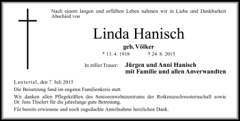 Traueranzeige von Linda Hanisch von Neue Presse Coburg