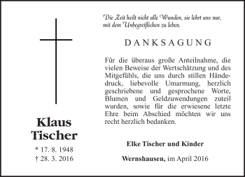Traueranzeige von Klaus Tischer von Südthüringer Presse