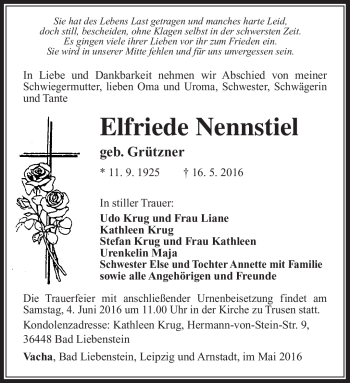 Traueranzeige von Elfriede Nennstiel von Südthüringer Presse