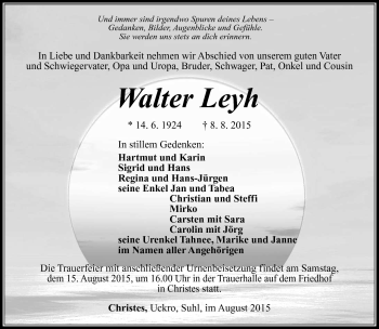 Traueranzeige von Walter Leyh von Südthüringer Presse