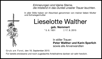 Traueranzeige von Lieselotte Walther von Neue Presse Coburg