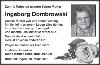 Traueranzeige von Ingeborg Dombrowski von Südthüringer Presse