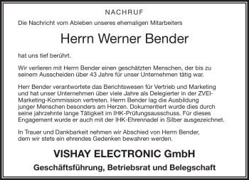 Traueranzeige von Werner Bender von Frankenpost