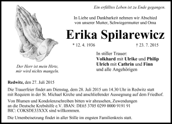Traueranzeige von Erika Spilarewicz von Neue Presse Coburg