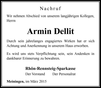 Traueranzeige von Armin Dellit von Südthüringer Presse