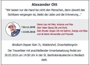 Traueranzeige von Alexander Ott von Frankenpost
