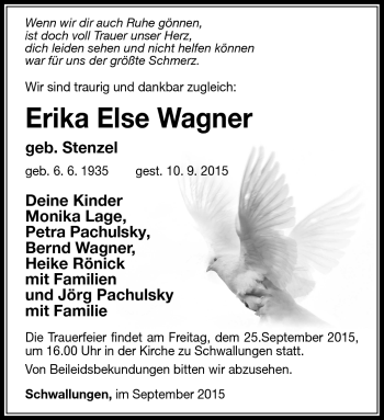 Traueranzeige von Erika Else Wagner von Südthüringer Presse