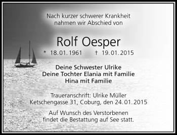 Traueranzeige von Rolf Oesper von Neue Presse Coburg