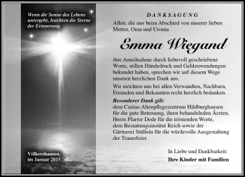 Traueranzeige von Emma Wiegand von Südthüringer Presse