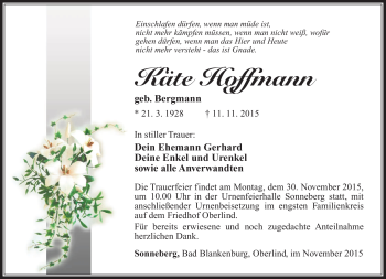 Traueranzeige von Käte Hoffmann von Südthüringer Presse