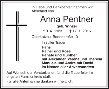 Traueranzeige von Anna Pentner von Frankenpost