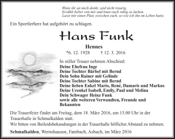 Traueranzeige von Hans Funk von Südthüringer Presse